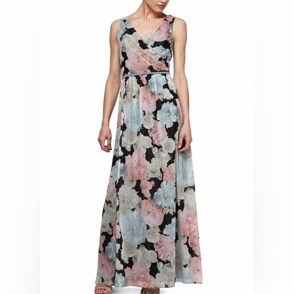 Floral Maxi Dress in Black, Pink, and Blue - Picture 1 of 14